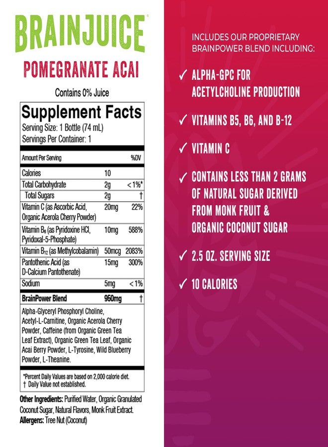 BrainJuice Brain and Immune Support Shot, Gluten Free Supplement Shots for Energy, Focus, Immunity with Vitamin D, C B, Alpha GPC & Organic Ginger Root, Pomegranate Acai, 2.5 fl oz, 12 Pack - Image 5